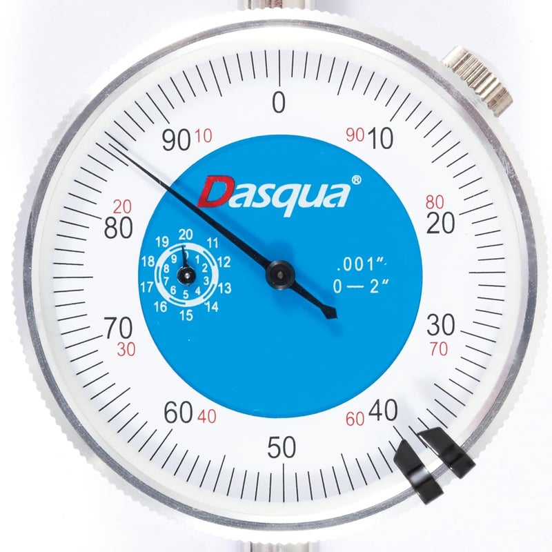 Dasqua Dial Indicator 0-2″ | DIN 878 Compliant Lug Back Gauge, 0.001″ Graduation, Surface Flatness & Axial Runout, Limit Clips Included, No Jeweled Bearing - Image 3
